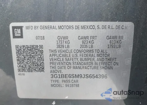 2018 Chevrolet Cruze Lt Auto from USA, damaged, VIN 3G1BE6SM9JS654396